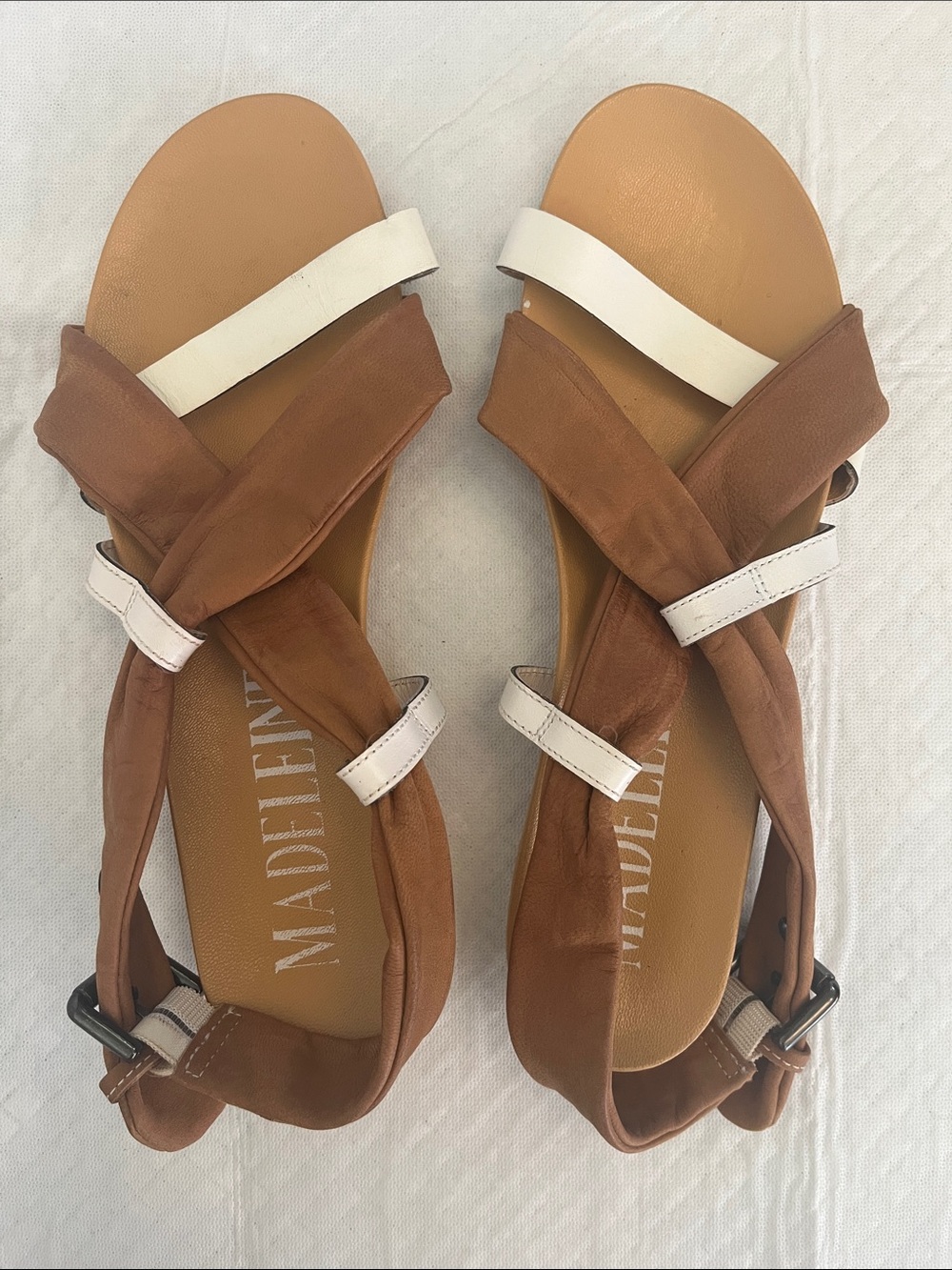 Madeline Tan and White Leather Crisscross Sandals